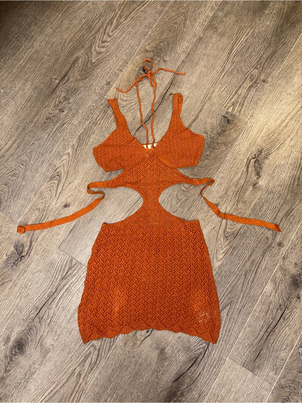Milk It Crochet Halter Mini Dress in Burnt Orange